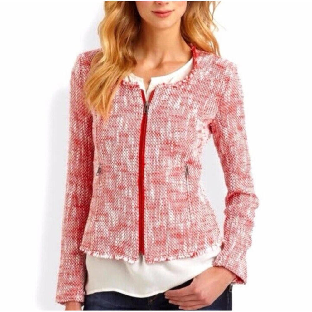 Joie Collis Tweed Twill Fringe Blazer Jacket Womens M Fitted Full Zip Red Cotton - Picture 1 of 9